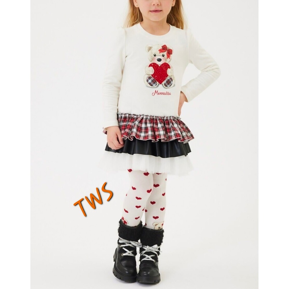 Monnalisa Girls Teddy Bear Rhinestone Plaid Tulle Tiered Dress White Red Size 8